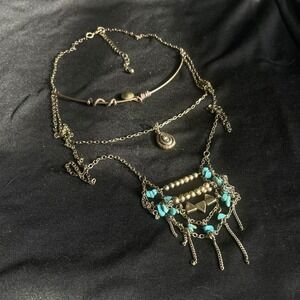 Boho Layered Turquoise Beaded Choker Pendant Necklace Gold Tone